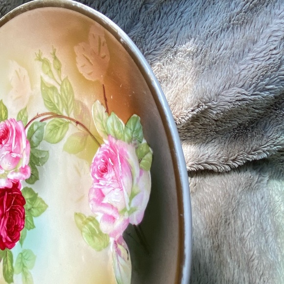 Antique German Hand-painted Gold Gilt Red Pink Rose Flower Decorative Plate - Picture 5 of 6